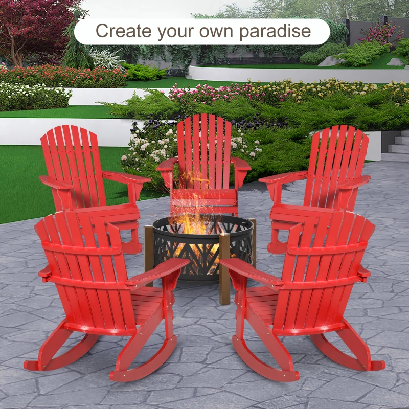 Outsunny Wooden Adirondack Rocking Chair Outdoor Lounge Chair Fire Pit Seating with Slatted Wooden Design, Fanned Back, Red