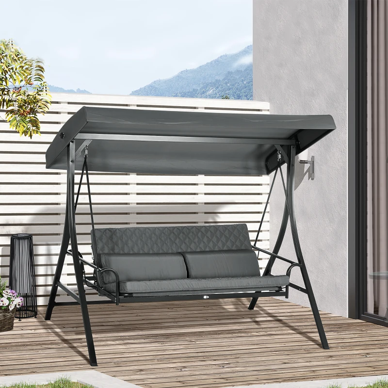 Outsunny 3 Person Porch Swing Bench with Adjustable Canopy, Cushions, Pillows for Porch and Backyard, Dark Grey