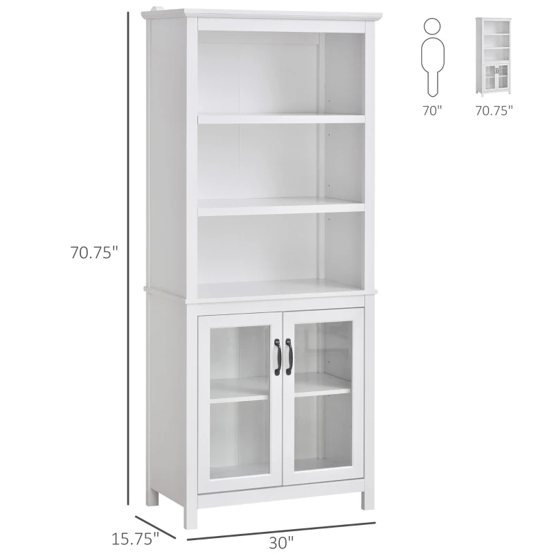 HOMCOM 71" Bookcase Storage Hutch Cabinet with Adjustable Shelves and Glass Doors for Home Office, Kitchen, Living Room, White