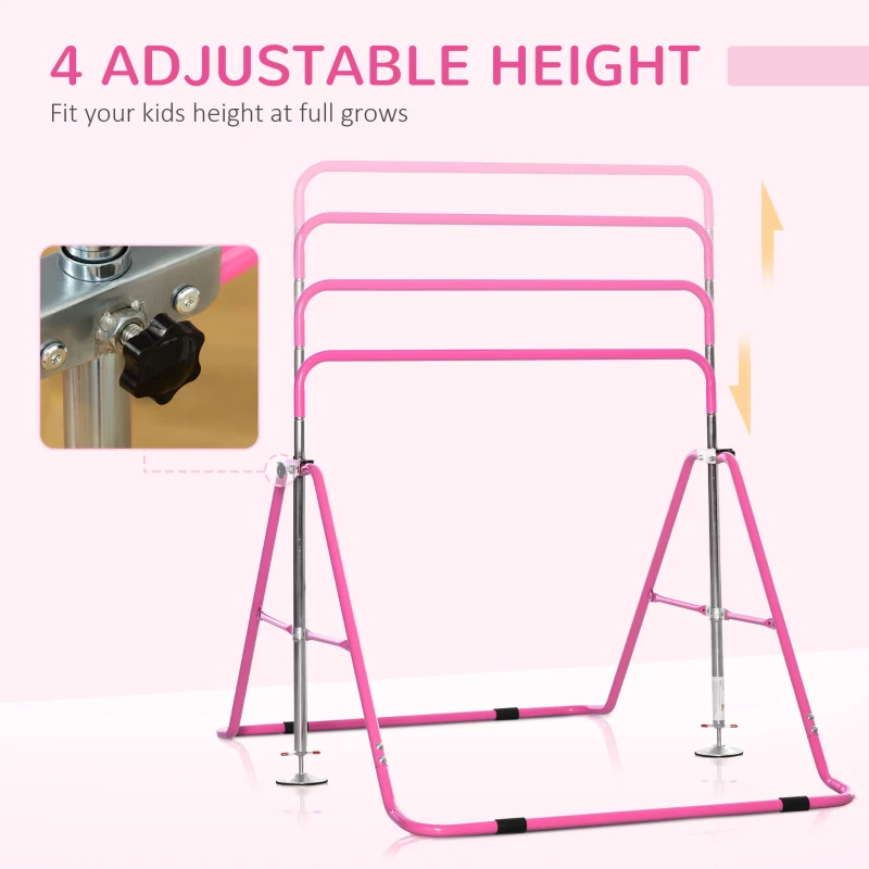 Qaba Folding Gymnastics Bar for Kids with Shock Absorption, Adjustable Gymnastics Horizontal Bar, Gymnastics Kip Bar for Home Use, Pink