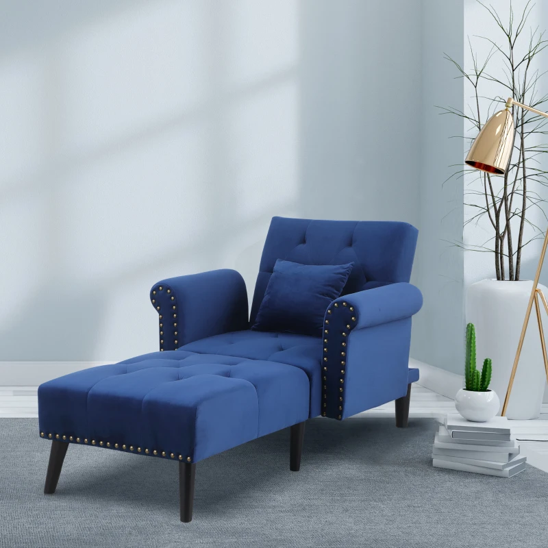 HOMCOM 2-In-1 Chaise Lounge Indoor with Rolled Armrest, Nailhead Trim and Button Tufting, Adjustable Velvet Fabric Upholstered Sofa for Bedroom and Living Room, Blue