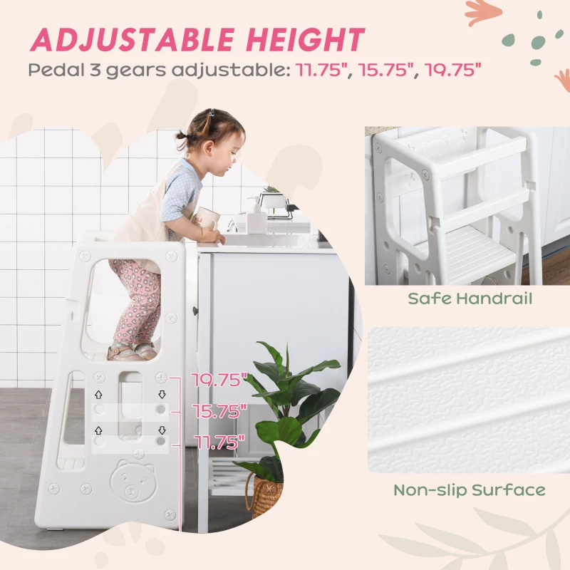 Qaba Toddler Tower with Adjustable Height, Toddler Kitchen Stool Helper with Anti-slip Mat, Step Stool for Kitchen, Bathroom, White