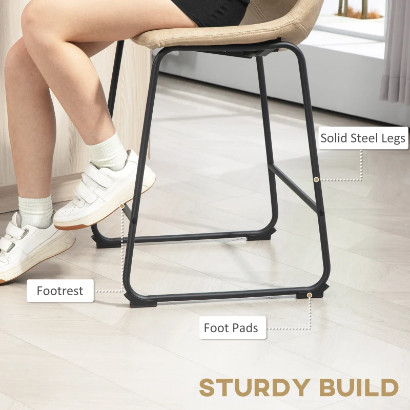 HOMCOM Bar Height Bar Stools Set of 2, Vintage PU Leather Bar Chairs, Kitchen Stools with Footrest for Home Bar, Beige