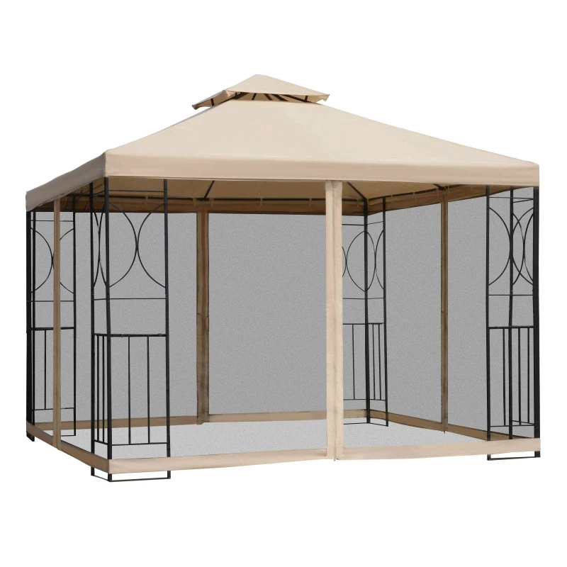 Outsunny 10x10ft Patio Gazebo, Outdoor Double Top Pavilion Canopy, Garden Event Party Tent Shelter, Yard Sun Shade Steel Frame w/ Mosquito Netting and Storage Tray