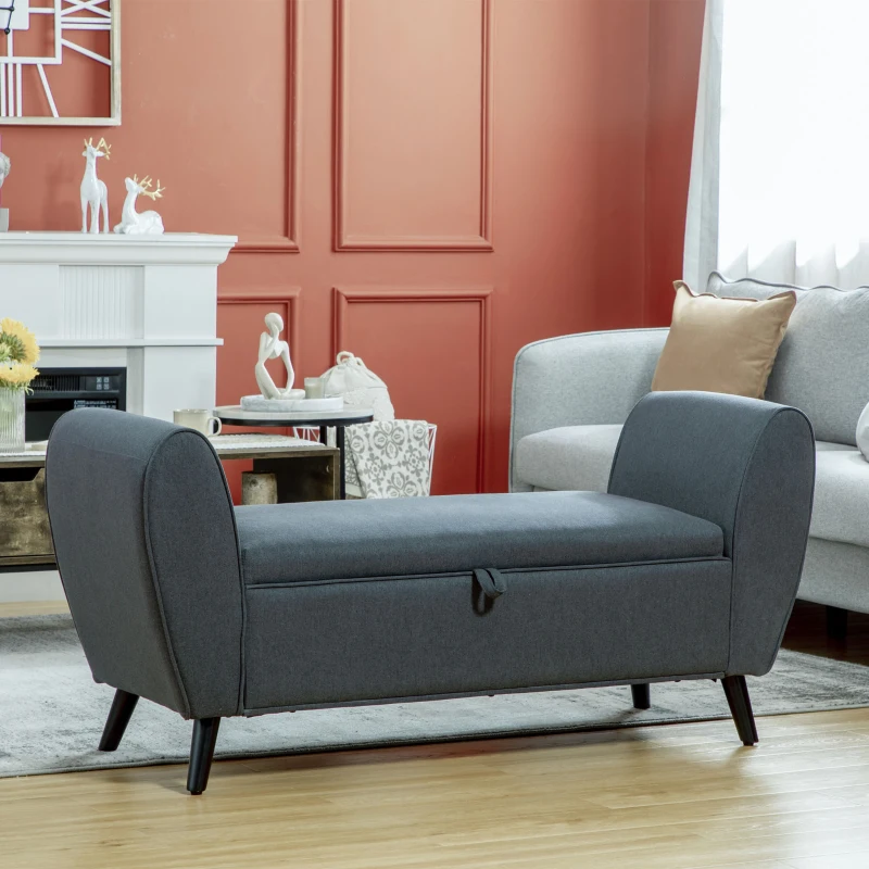 HOMCOM Modern Upholstered Storage Bench with Arms, Linen-Feel Fabric Ottoman Bench for Bedroom Entryway Living Room, Dark Gray