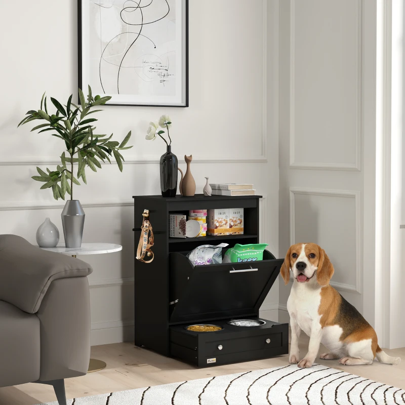 PawHut Pet Feeder Station Storage Cabinet, Dog Food Storage Container with Dog Raised Bowls, Watering Supplies, Black