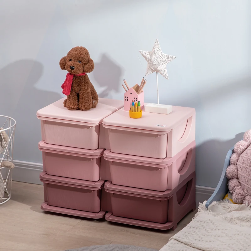 Qaba 3 Tier Kids Toy Organizer and Storage Bins with 6 Plastic Drawers, Pink