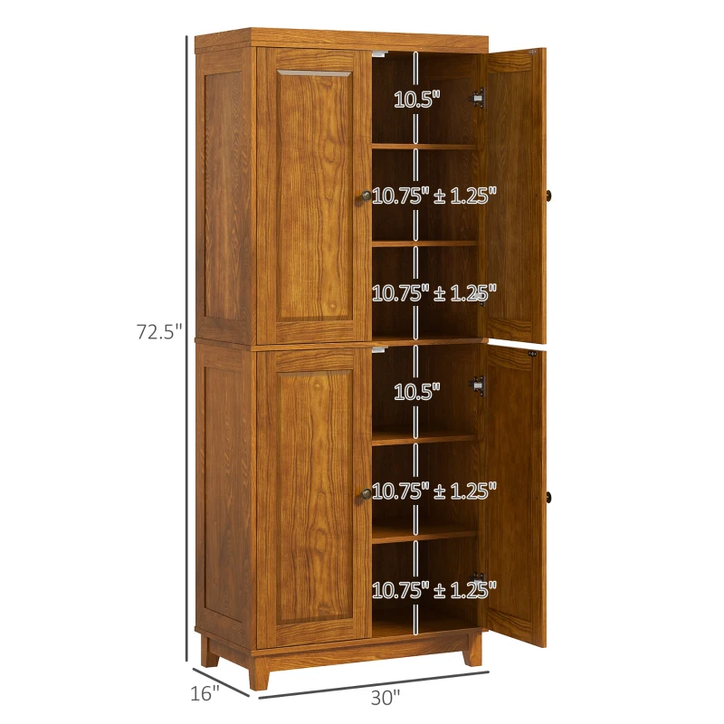 HOMCOM 72.5" Kitchen Cabinet, Pantry Storage Cabinet with 4 Doors, Adjustable Shelves for Dining Room, Distressed Brown