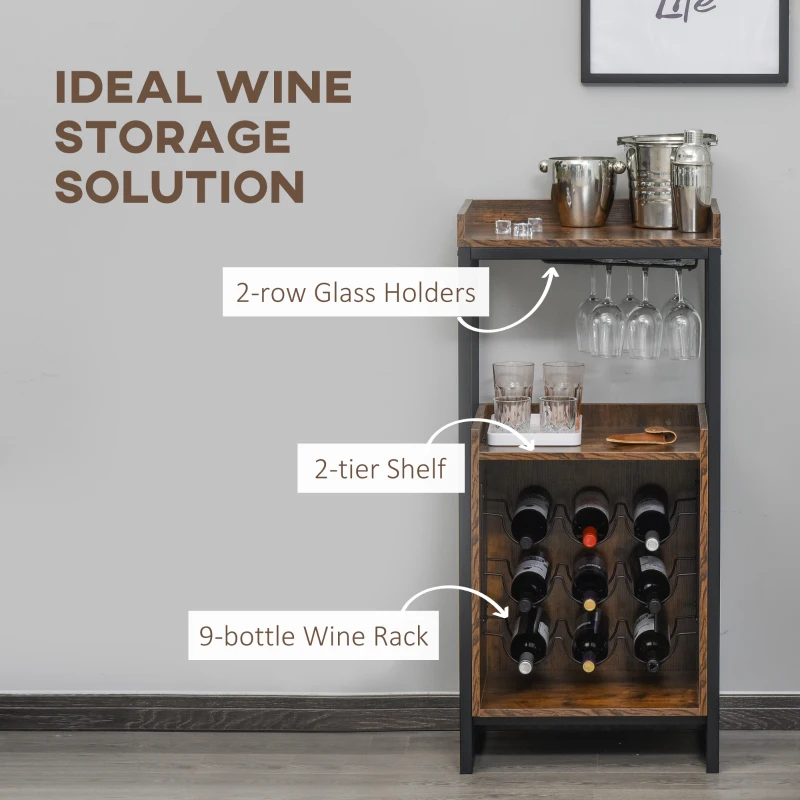 HOMCOM Retro Industrial 9-bottle Wine Rack Storage Cabinet Serving Bar Wood Buffet with  Glass Holders