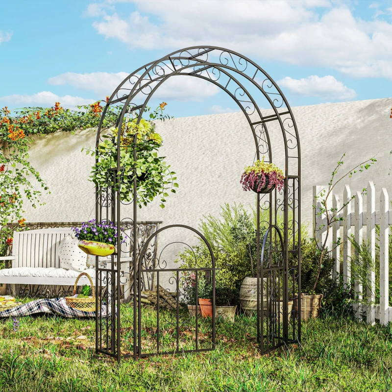 Outsunny 7.4ft Steel Garden Arch with Gate, Garden Arbor Trellis for Climbing Plants, Roses, Vines, Wedding Arch Stand for Outdoor, Garden, Lawn, Backyard, Black
