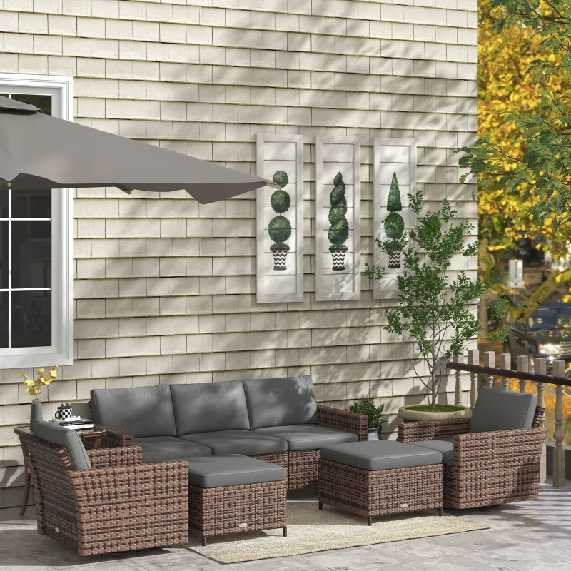Outsunny 6-Piece Rattan Patio Furniture Set with 3-Seater Sofa, Swivel Rocking Chairs, Footstools, 2 Tier Table, Mixed Brown