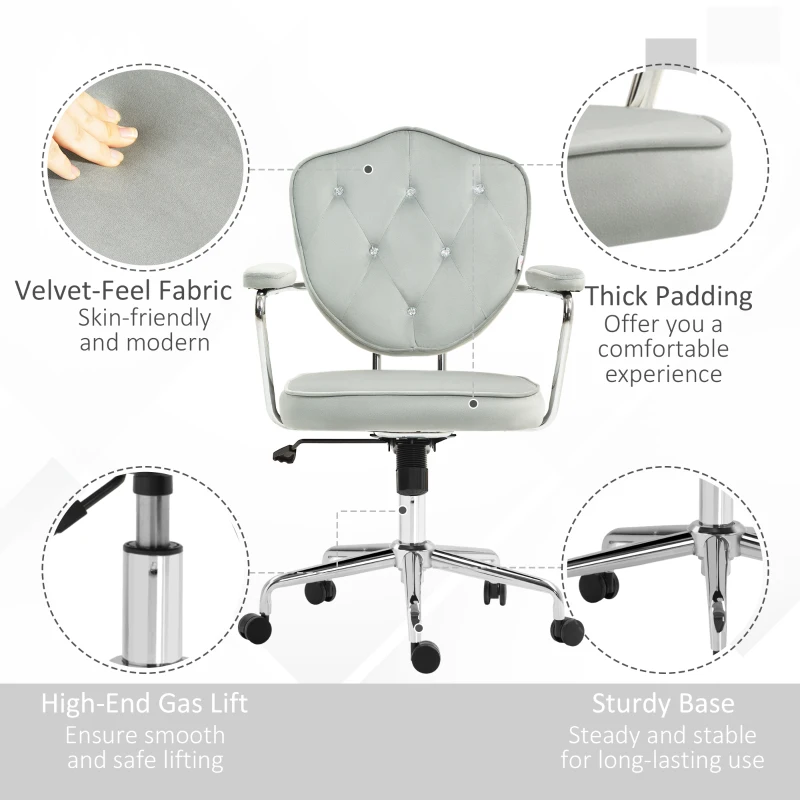 HOMCOM Cute Office Chair, Desk Chair with Button Tufted Velvet-Feel Fabric, Swivel Computer Vanity Chair, Gray