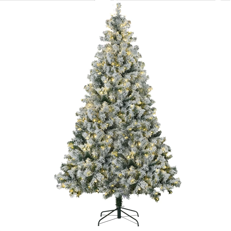 HOMCOM 7.5' Artificial Snow Christmas Trees with Frosted Branches, Warm White or Colorful LED Lights, Steel Base