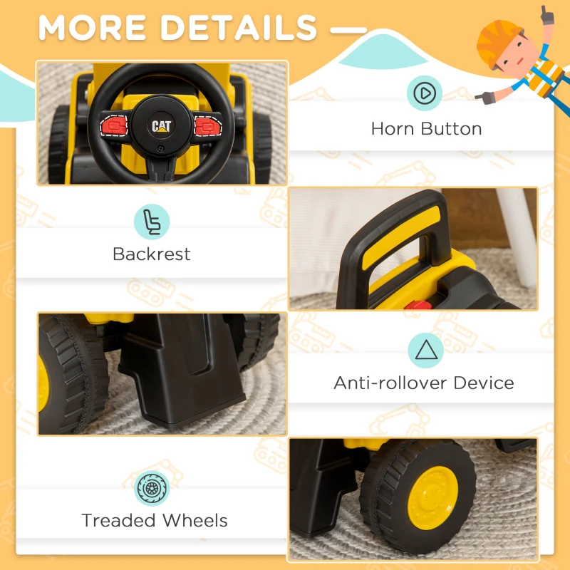 Aosom Caterpillar CAT Licensed Kids Ride on Excavator No Power Construction Vehicles with Manual Shovel, Horn, Hidden Storage