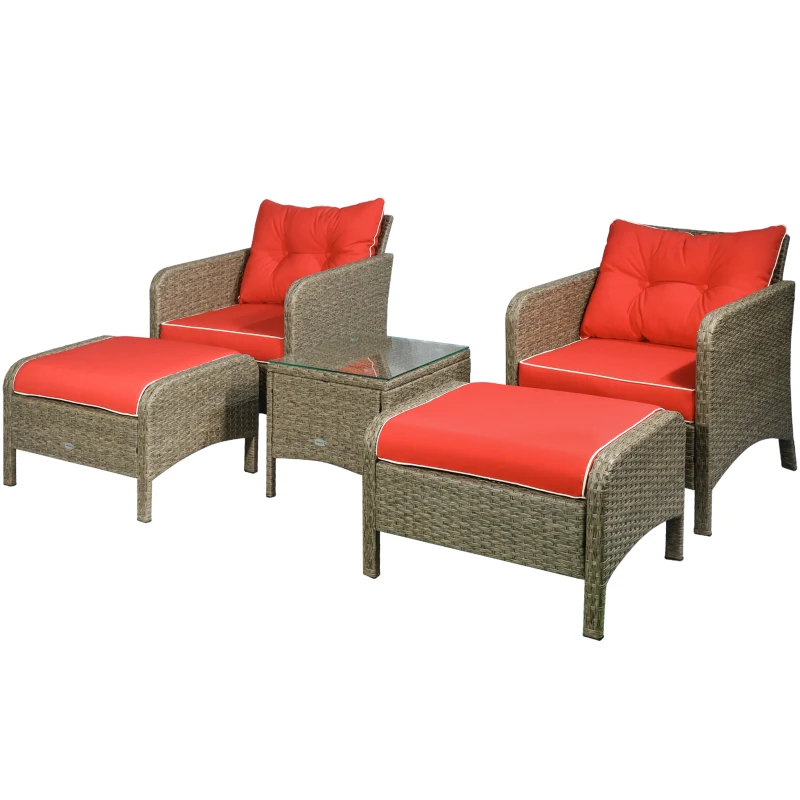 Outsunny 5 Pieces Wicker Patio Furniture Sofa Set Thick Padded Cushions, Outdoor PE Rattan Conversation Coffee Set with Armchairs, Footstools and Glass Top Table, Red
