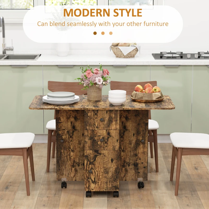 HOMCOM Drop Leaf Dining Table, Mobile Folding Table on Wheels with Drawers and Cabinet for Dining Room, Kitchen, Rustic Brown