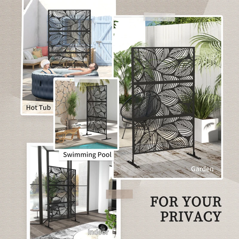 Outsunny 6.5' Decorative Outdoor Divider, Metal Privacy Screen with Stand, Leaf Motif, Black