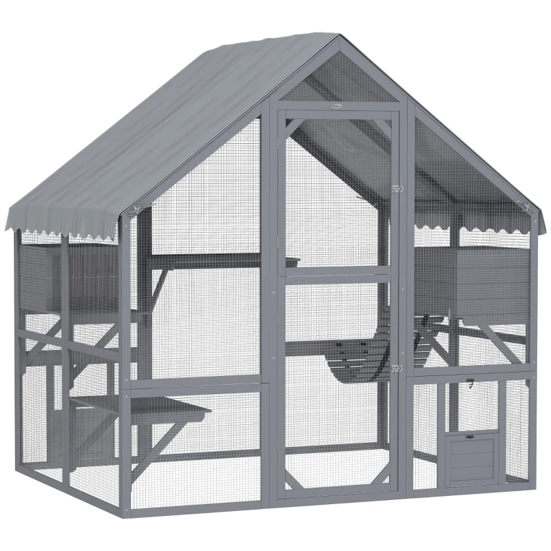 PawHut Wooden Catio Outdoor Cat Enclosure with Waterproof Cover, 2 Condos, 4 Platforms, Bridge, Doors, Gray