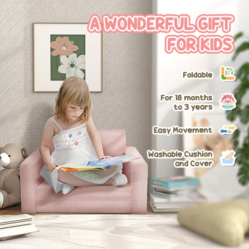 Qaba 2 in 1 Kids Fold Out Chair Convertible Sofa to Lounger w/ Washable Cover for Boys and Girls, Pink