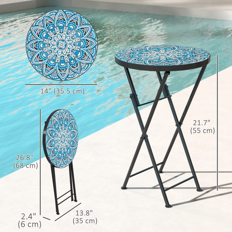Outsunny Mosaic Outdoor Patio Side Table, 14" Round Folding Outdoor Coffee Table with Steel Frame for Balcony Deck Patio Terrace, Blue