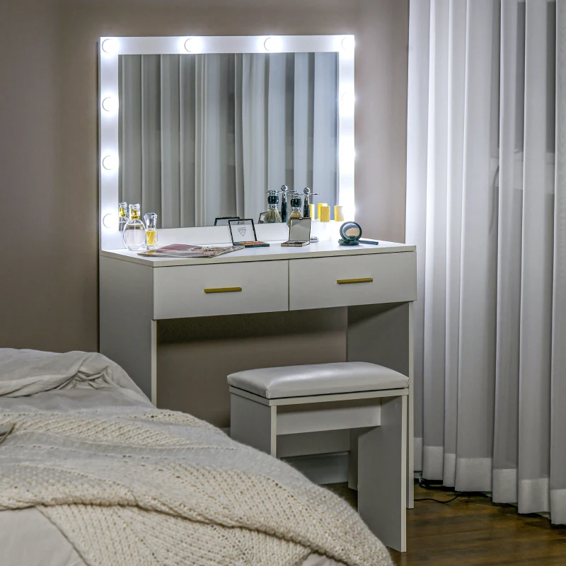 HOMCOM Makeup Vanity Table Set with Stool, Dressing Table with LED Lighting Mirror, Drawers, for Bedroom, White