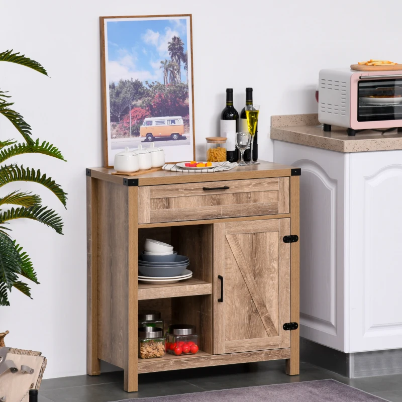 HOMCOM Farmhouse Sideboard Buffet Cabinet, Rustic Barn Door Kitchen Cabinet, Accent Cabinet with Storage for Living Room,Light Oak
