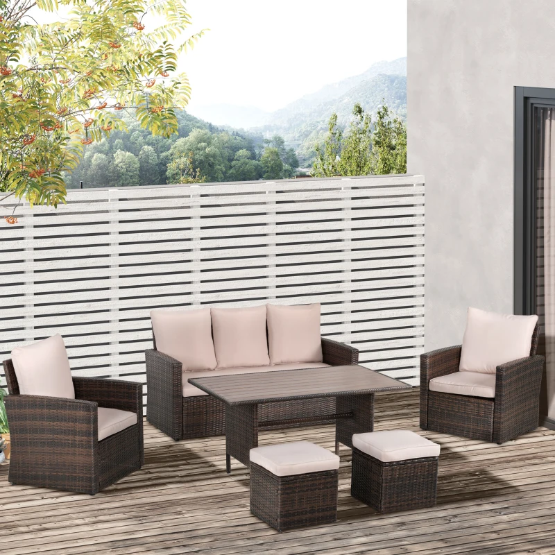 Outsunny Patio Dining Set, PE Rattan Furniture w/ 2 Chairs, Cushions & 3-Seat Sofa, Woodgrain Slatted Dinner Table, Beige