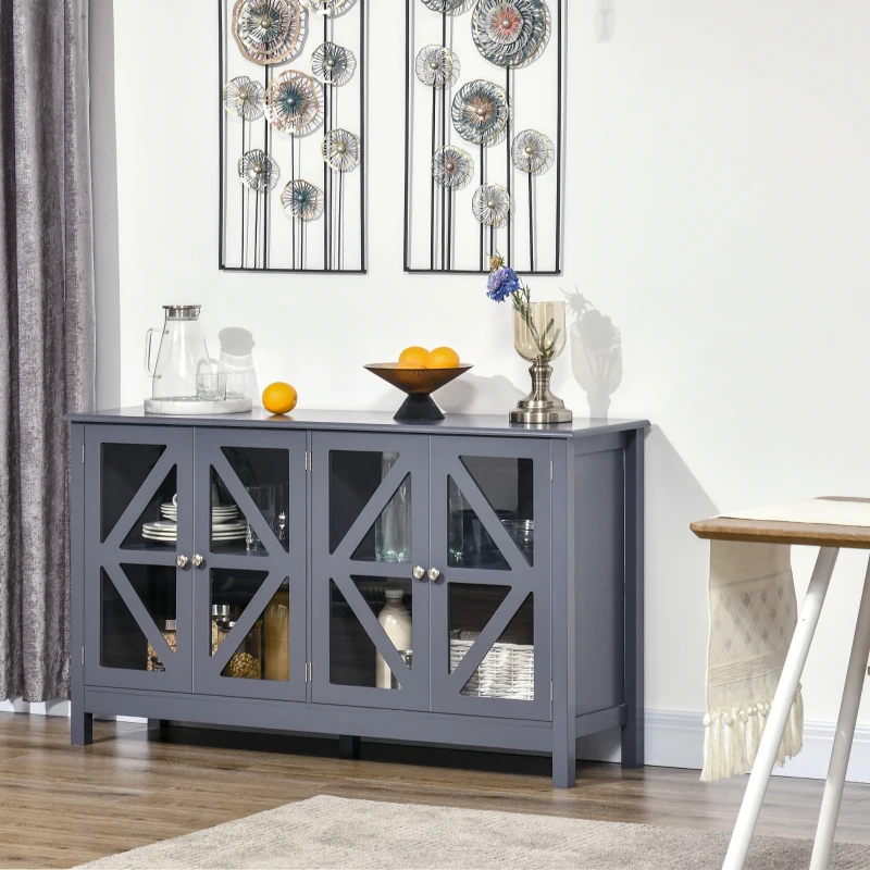 HOMCOM Sideboard, Buffet Cabinet with 4 Tempered Glass Doors and Adjustable Storage Shelf, Credenza, Gray