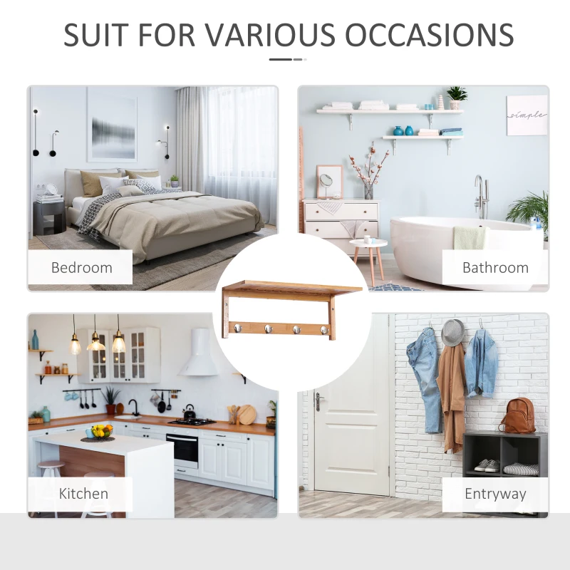 HOMCOM 20" Wall-mounted Entryway Coat Rack Bamboo Wall Shelf Organizer with 4 hooks