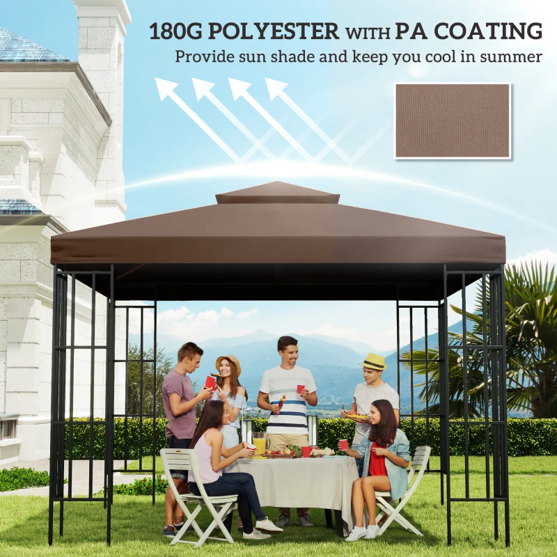 Outsunny 10' x 10' Square 2-Tier Gazebo Canopy Replacement Top Cover Outdoor Garden Sun Shade, Coffee