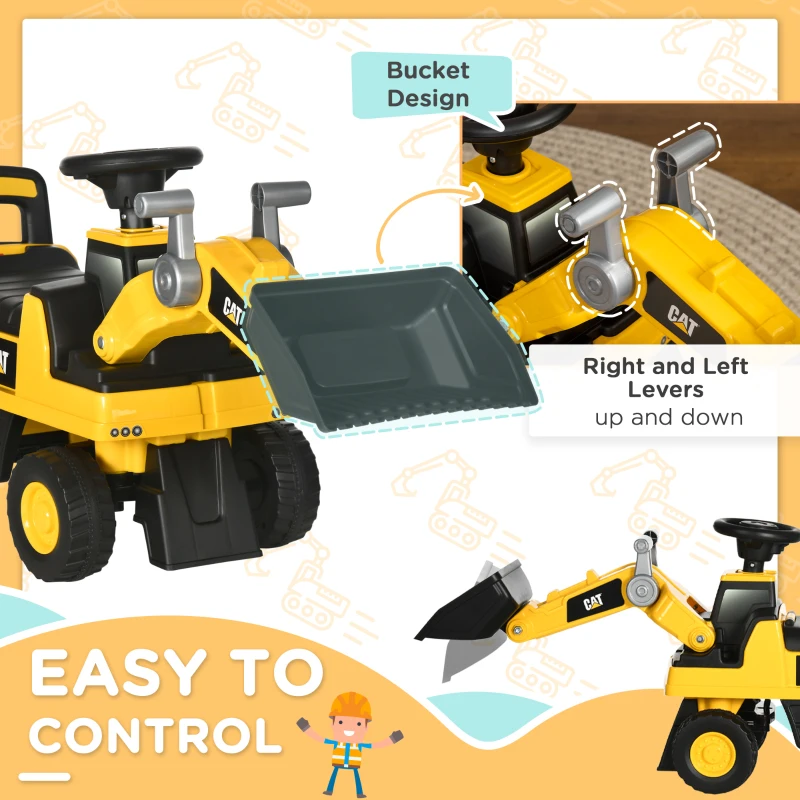 Aosom Caterpillar CAT Licensed Kids Ride on Excavator No Power Construction Vehicles with Manual Shovel, Horn, Hidden Storage