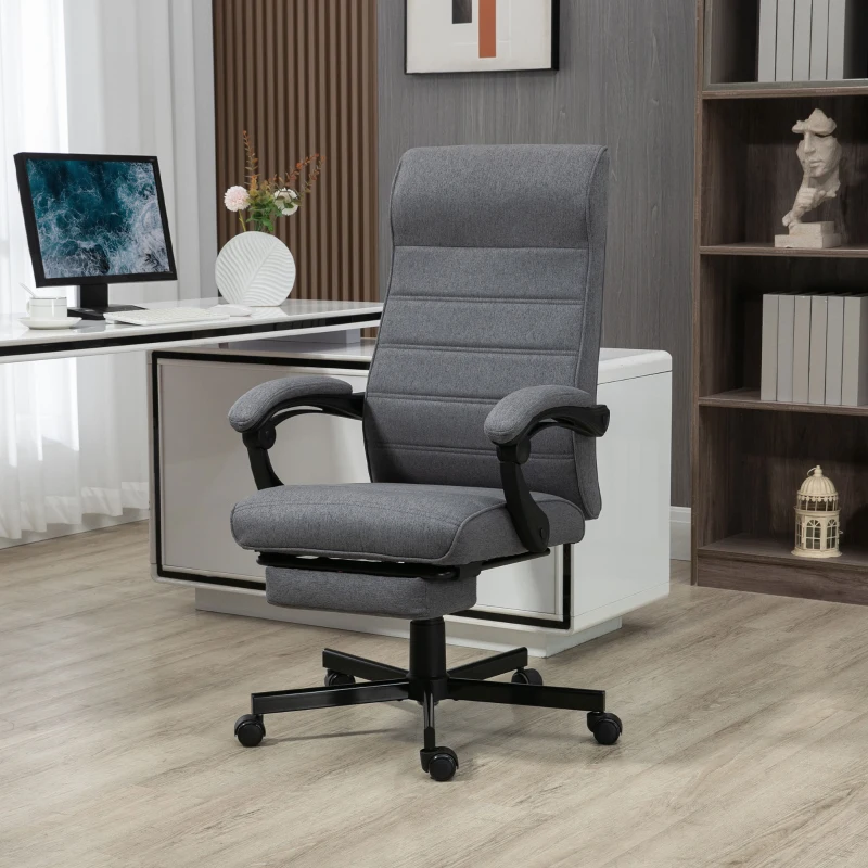 Vinsetto Computer Desk Chair, High-Back Office Chair, Reclining Chair with Adjustable Height, Footrest and Swivel Wheels, Grey