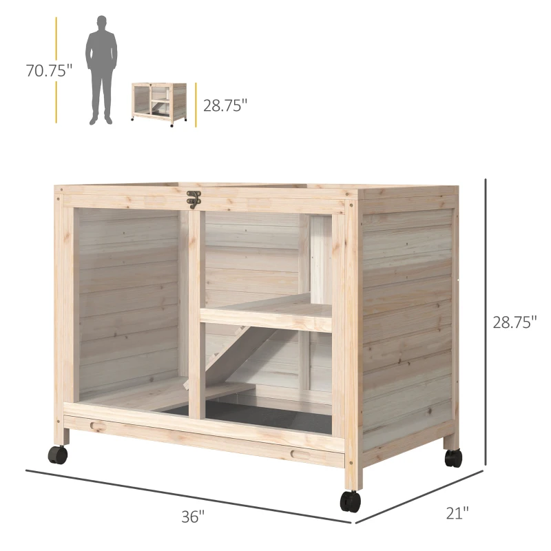 PawHut Indoor Rabbit Hutch with Wheels, Bunny Cage Guinea Pig House W/ Top Access, Ramp, Pull Out Tray, Natural Wood