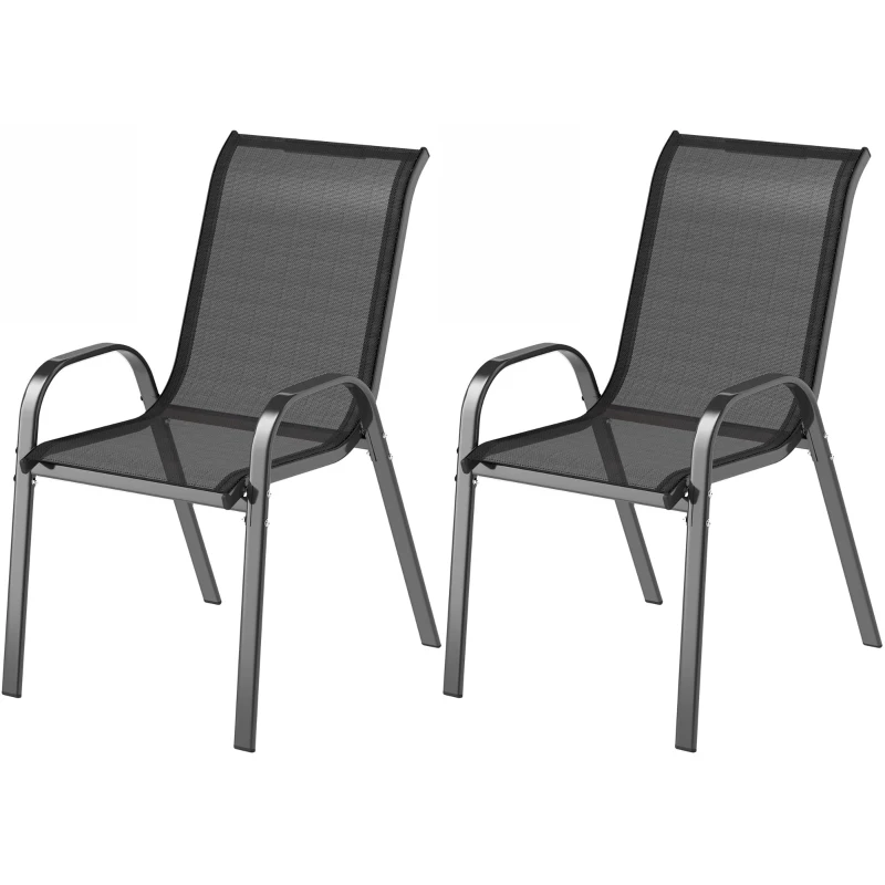 Outsunny Set of 2 Outdoor Dining Chairs, Stackable Lawn Chairs with High Back, Breathable Mesh Seat for Garden Porch, Black