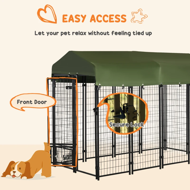 PawHut Outdoor Dog Kennel, Lockable Pet Playpen Crate, Welded Wire Steel Fence, Rotating Bowl Holders, Green