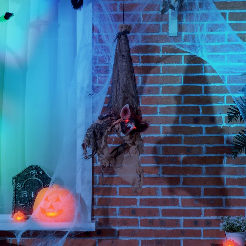 Outsunny 28" Life Size Outdoor Halloween Decorations Hanging Bat Opening Month, Animated Prop with Sound and Motion Activated Light Up Eyes, Sound and Laughter
