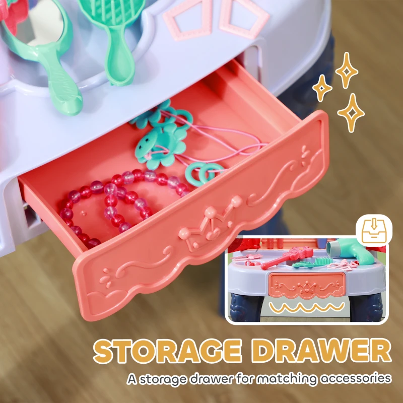 Qaba Kids Vanity Set with Mirror and Stool, Music, Light, Drawer, Hair Dryer, 20 Makeup Accessories, Multicolor