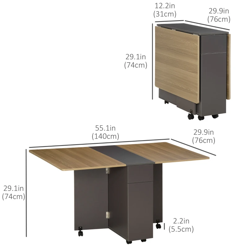 HOMCOM Extendable Dining Table, Drop Leaf Table with 2 Drawers and Storage Cabinet, Folding Dining Table with 6 Wheels