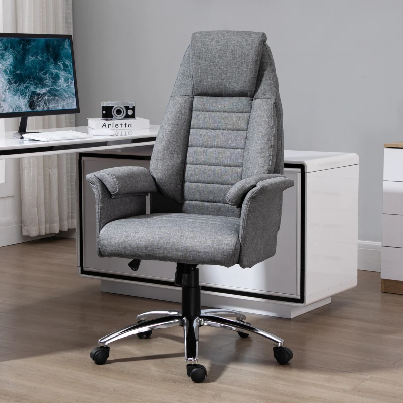 HOMCOM High Back Fabric Executive Chair with Padded Armrests, Ergonomic Home Office Chair with Headrest, Adjustable Height- Light Grey