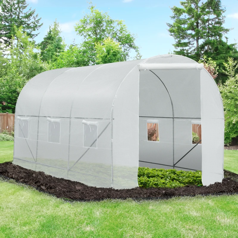 Outsunny 15' x 7' x 7' Walk-In Tunnel Greenhouse, Large Garden Hot House Kit with 6 Roll-up Windows & Roll Up Door, Steel Frame, White