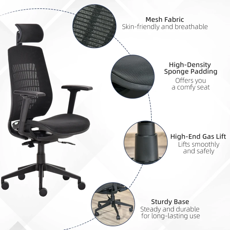 Vinsetto Ergonomic Mesh Office Chair, Reclining High Back Desk Chair with Adjustable Headrest & Armrests, Wheels, Swivel Computer Task and Gaming Chair, Black