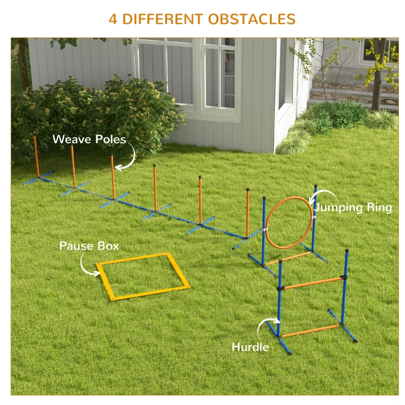 PawHut Dog Agility Training Equipment w/ Weave Poles, Adjustable Hurdle, Jump Ring, Pause Box, Whistle, Balls, Carry Bag