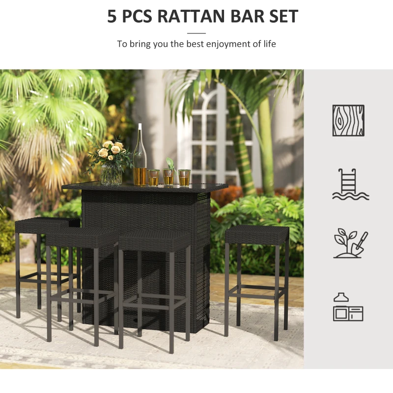 Outsunny 5 Pieces Patio Bar Set, Outdoor PE Rattan Wicker High Top Outdoor Table and Chairs Outdoor Bar Set with Tempered Glass Top Bar Table and Shelves, 4 Bar Chairs, Black