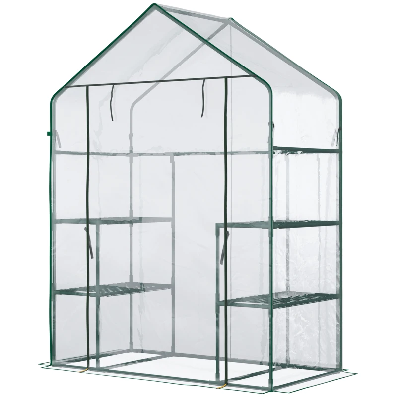 Outsunny 56" x 29" x 77" Walk-in Greenhouse, Mini Greenhouse with 4 Shelves, Roll-Up Door and Weatherized Cover, Clear