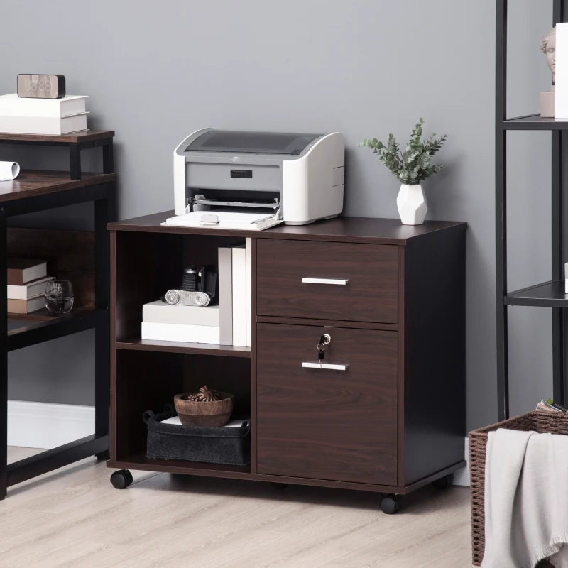Vinsetto Lateral File Cabinet with Wheels, Mobile Printer Stand with Open Shelves and Drawers for A4 Size Documents, Walnut