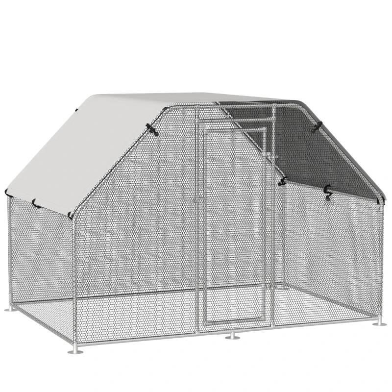 PawHut 9.2' x 6.3' Metal Chicken Coop, Galvanized Walk-in Hen House, Poultry Cage Outdoor Backyard with Waterproof UV-Protection Cover for Rabbits, Ducks