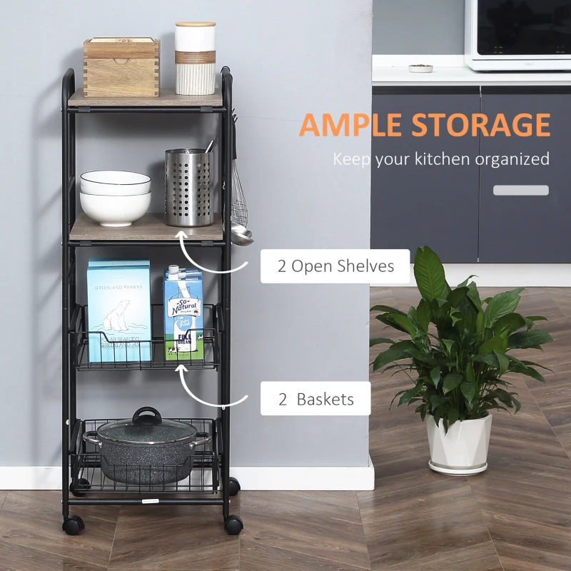 HOMCOM Kitchen Cart with Storage, 16"W Slim Rolling Cart, 4 Tier Kitchen Shelves on Wheels with Side Racks, 2 Basket for Fruit Vegetable, Utility Cart for Narrow Space, Laundry, Oak