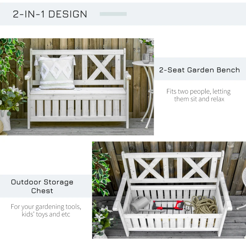 Outsunny Wooden Outdoor Storage Bench 2-Person Backyard Patio Bench with Louvered Side Panels & Wood Build, White