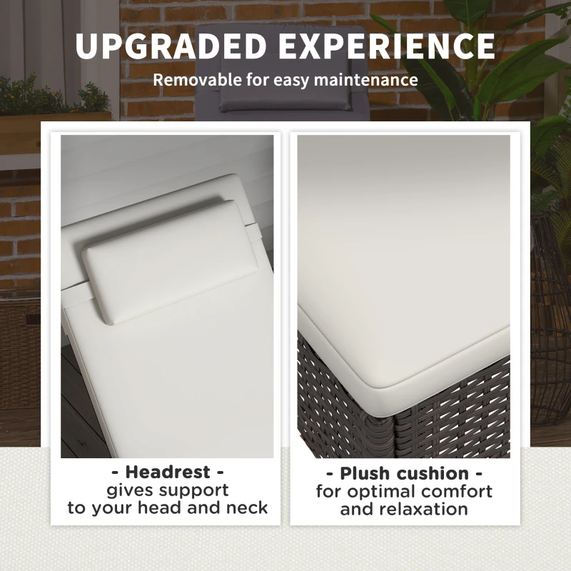 Outsunny Wicker Outdoor Chaise Lounge, 5-Level Adjustable Backrest PE Rattan Pool Lounge Chair with Wheels, Cushion & Headrest, Brown and Cream White