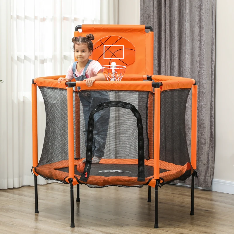 Qaba 48" Kids Trampoline  with Safety Enclosure Net, Basketball Hoop for Ages 3-6, Gifts for Boys & Girls, Orange